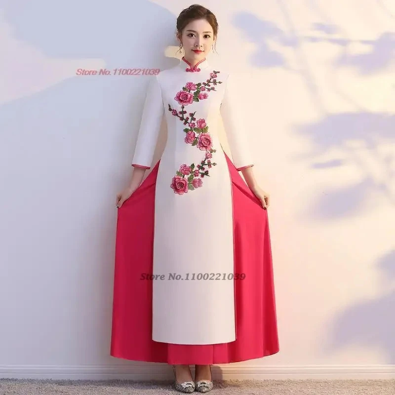 

2025 ao dai cheongsam vietnam traditional aodai dress national flower embroidery qipao chinese traditional dress party dress