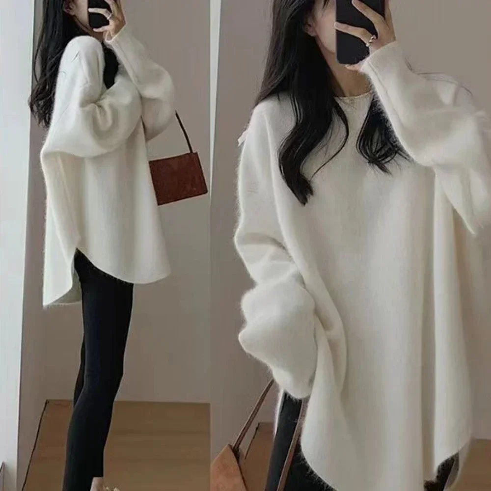 Knitted Top for Women Round O Neck Black Ladies Sweaters Red Long Pullovers Pink Streetwear Winter Thermal Blouse Warm Modern