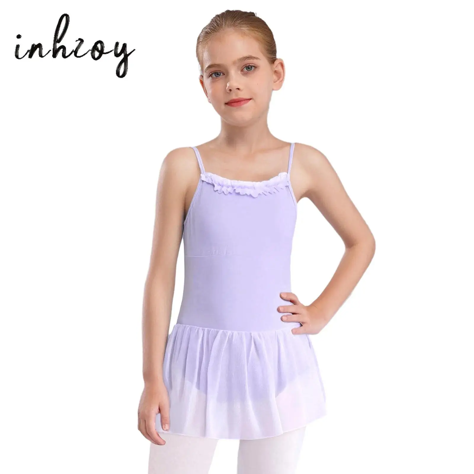 

Girls Ballet Dress Ruffled Neck Sleeveless Adjustable Spaghetti Straps U-Back Tutu Dress Ballerina Figure Skating Dancewear