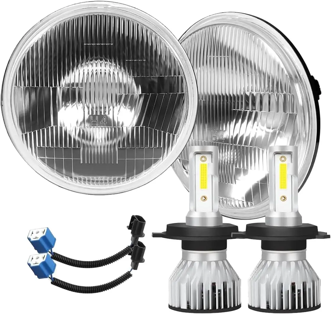 

H4/9003 LED Headlight Bulbs with 7 Inch Glass Round Housing, High Low Dual Beam Conversion Kit Pair