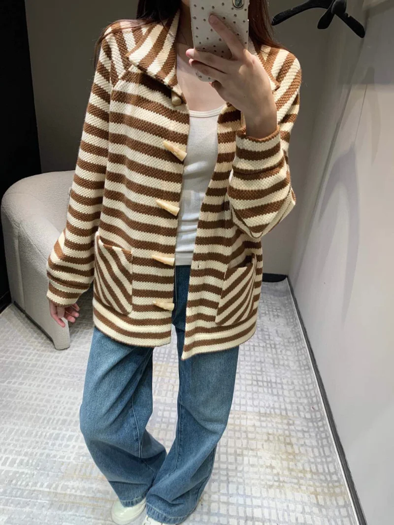 Spring/Summer Women's Wool Blended Women's Jacket Fashion Exquisite Striped Horn Button Stand up Collar Women's Jacket New 2025