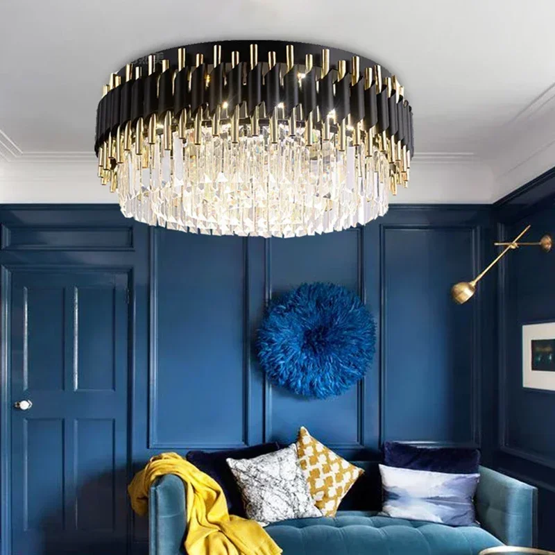 

Хрустальная люстра для гостиной для потолка, современный черный хрустальный светильник, круглая лампа для декора спальни, светодиодное внутреннее освещение