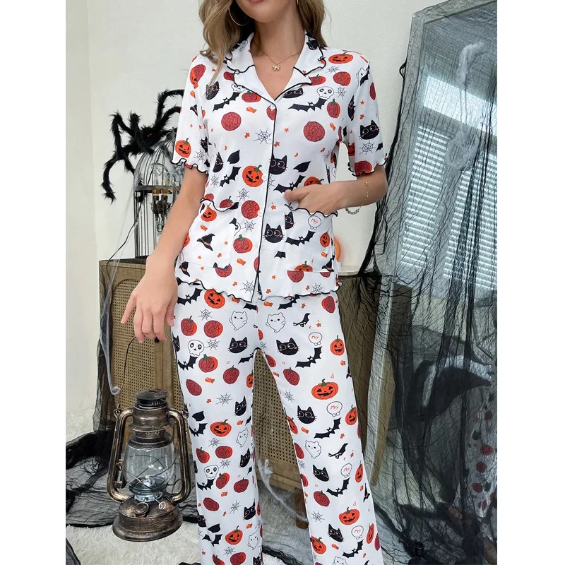Women's 2025 Autumn Halloween Pajama Set - Cardigan + Top/Pants Pumpkin Bat Print Soft Loungewear