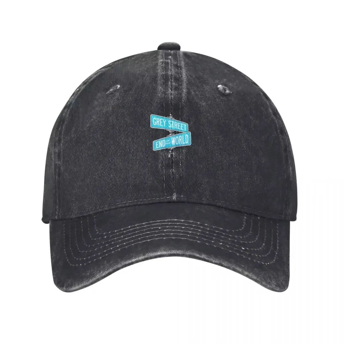 Grey Street End World Print Washed Denim Baseball Cap Unisex Adjustable Sunscreen Hat for Golf Daily Wear