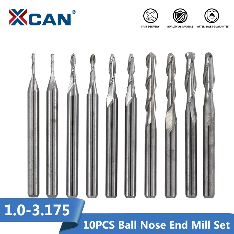 Xcan bola nariz end mill cortador conjunto 10 pçs 1/8 3.175 \'(mm) shank carboneto espiral cnc roteador bit gravura em madeira ferramenta de