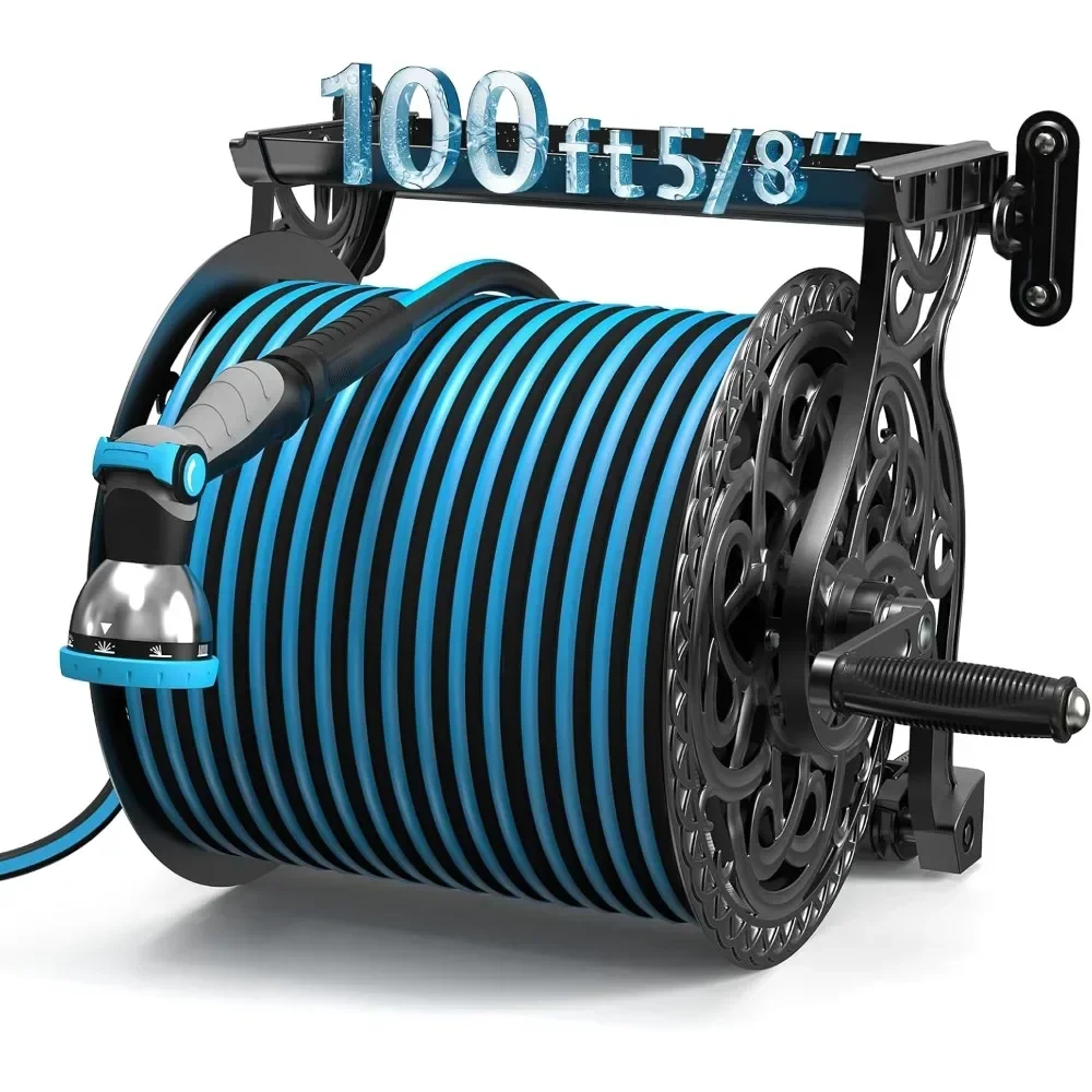 

Garden Hose Reel, Decorative Aluminum Frame Hose Holder with 100 ft x 5/8 in Hose, 10-Pattern Nozzle, Never-Leak System, Easy As