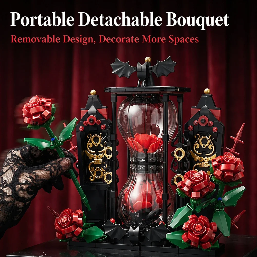 1001-teiliger Baustein-Bausatz „Romantische Dekoration: Rote Rose Sanduhr“ – Kreatives Puzzle-Geschenk für Männer & Frauen, Beeindruckende Unisex-Schreibtischdekoration – Detail 3