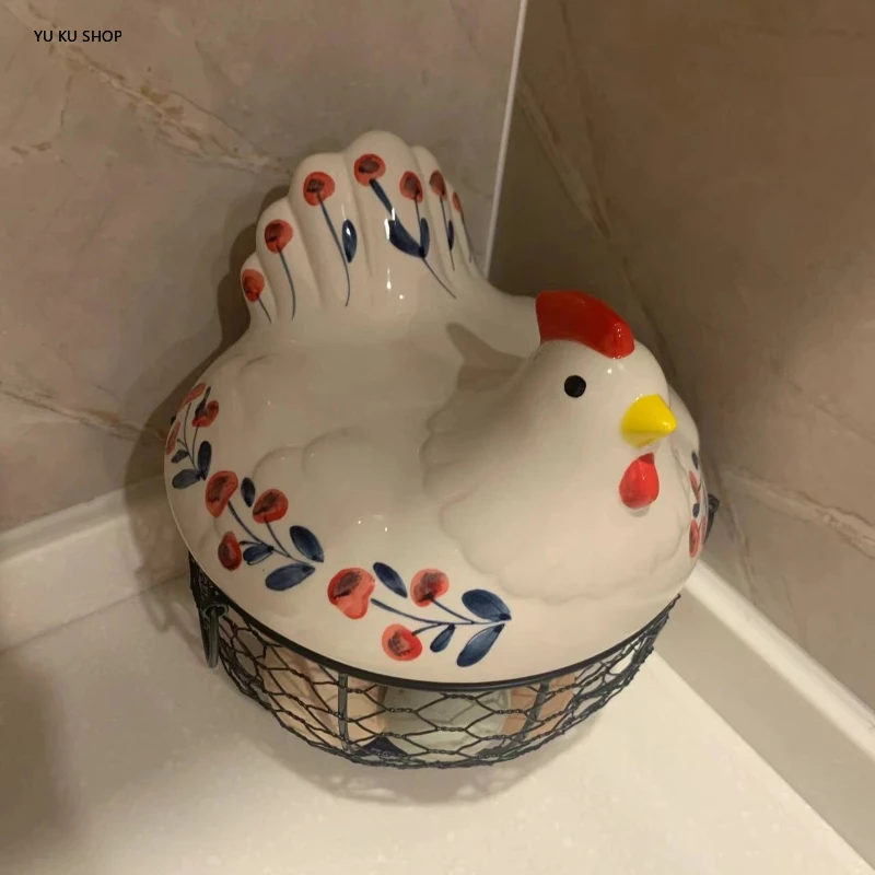 Hand-painted Egg Storage Basket Creative Ceramic Hen Iron Woven Basket Kitchen Tabletop Decor Water Clutter Basket Kitchen Items