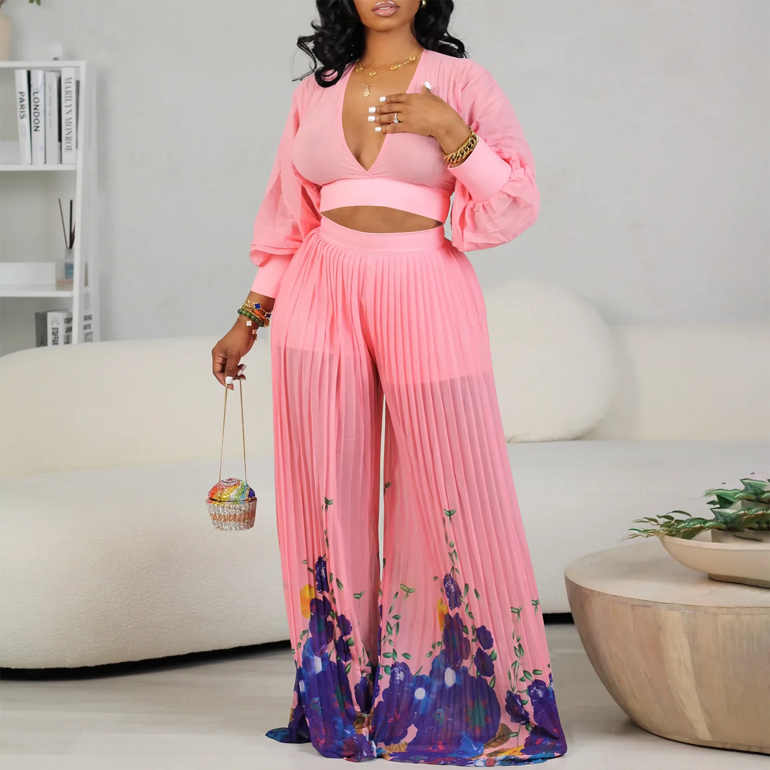 

D440V V-neck Chiffon Lantern Sleeve Top And Pleated Wide-leg Pants Two-piece Set