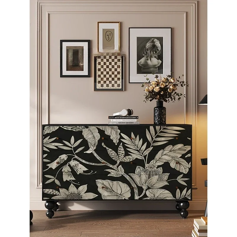 Vintage solid wood chest of drawers bedroom living room storage cabinet French vintage print decorative cabinet bed