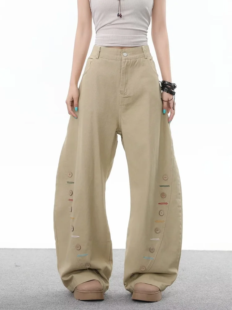 

202 японский стиль Y2K, дизайн на пуговицах, мешковатые джинсы цвета хаки, брюки для женщин, одежда в корейском стиле, повседневные женские длинные брюки, Ropa De Mujer