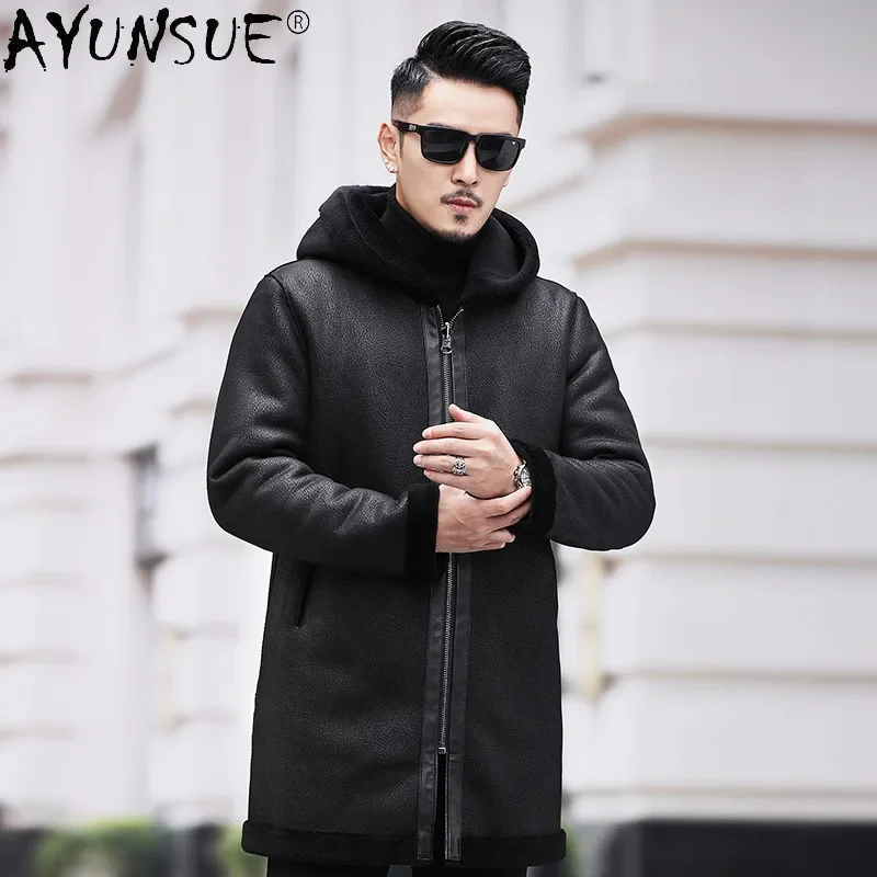 AYUNSUE Real Fur Coat Men Clothing 100% Wool Coat Hooded Parka Winter Leather Coat Mens Jackets Hommes Veste 2021 LXR948
