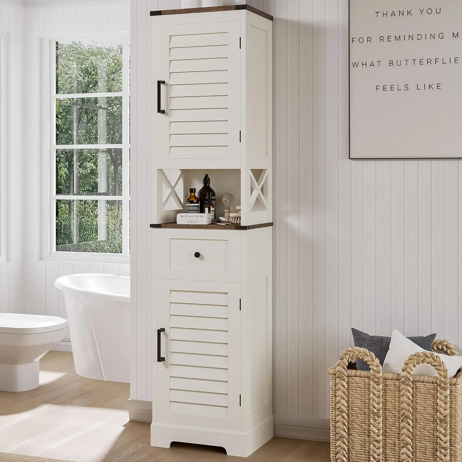 Farmhouse Storage Cabinet, Tall Bathroom Storage Cabinet with Door&Adjustable Shelves, Kitchen Cabinet with Storage, Narrow Line