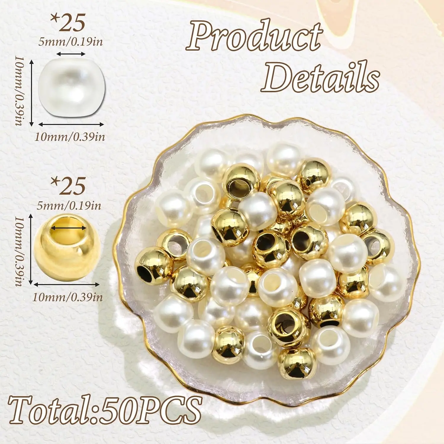 Perles de cheveux de couleur dorée, 50 pièces, perles blanches Loc brillantes, Dreadlock, accessoires de bijoux, décoration de cheveux pour femmes et filles