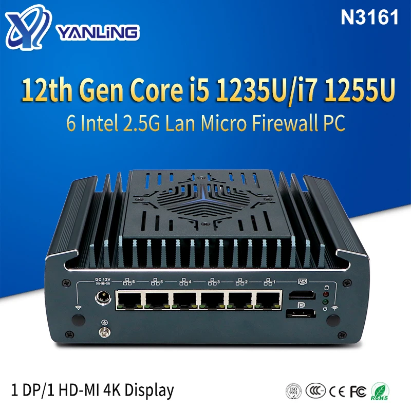 ファン付きミニファイアウォールPC, Intel Core i5,1235u,i7,1255u,6x2.5g,LAN,nvme,12世代