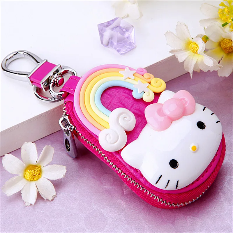 Lovely Sanrio Hello Kitty Keychain Car General Key Leather Case Keychain Protective Case Decorative Product Car Key Holder Purse