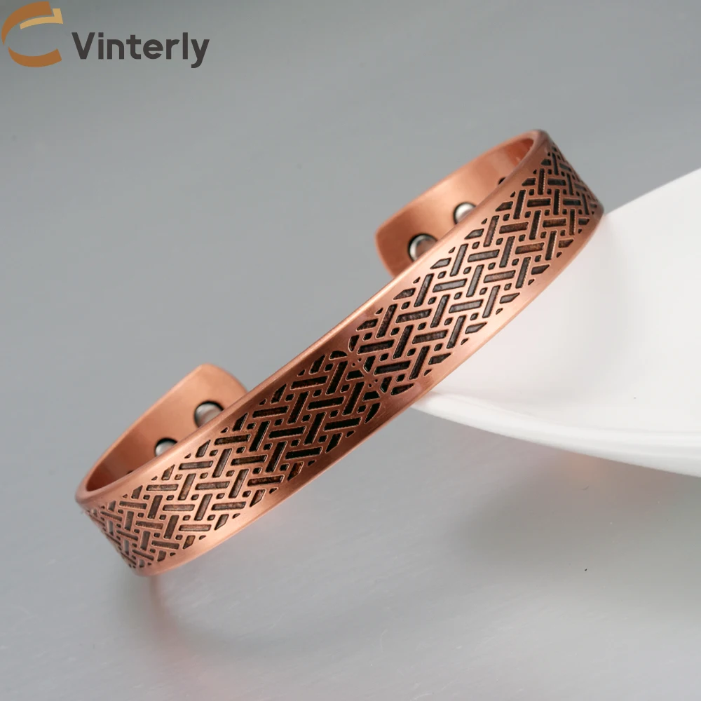 Vinterly Armbänder aus reinem Kupfer, verstellbare Fischgrätmuster-Vintage-Magnetarmreifen, 15 mm, Gesundheitsenergie, Hochmagnet-Schmuck, größenverstellbar