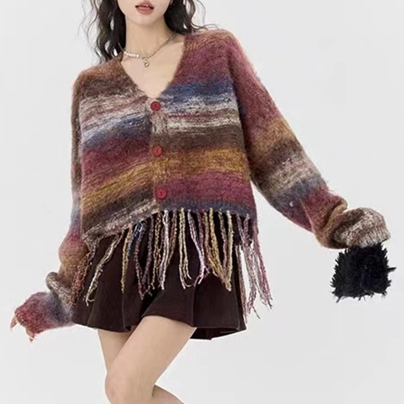 Multicolor V Neck Knitted Cardigan Women Early Autumn Striped Loose Tassel Hem Sweater Vintage Lazy Wind Long Sleeve Outwear