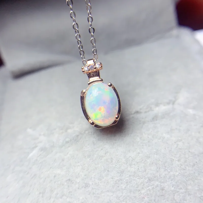 Natural White Opal Pendant Classic Versatile 925 Sterling Silver 6*8MM Gemstones for Women Daily Wear