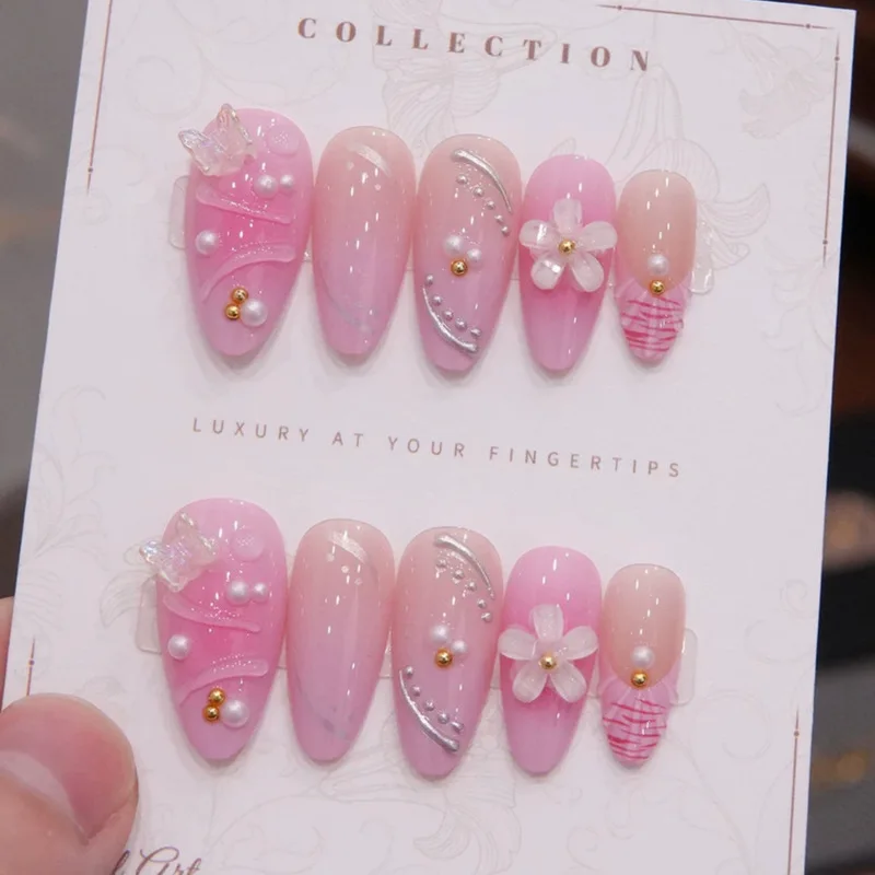 Pink 3D Flower Bow Press On Nails,Sweet Girl Medium Almond False Nails,Luxury Removable Reusable Popular Manicure Nail Tips