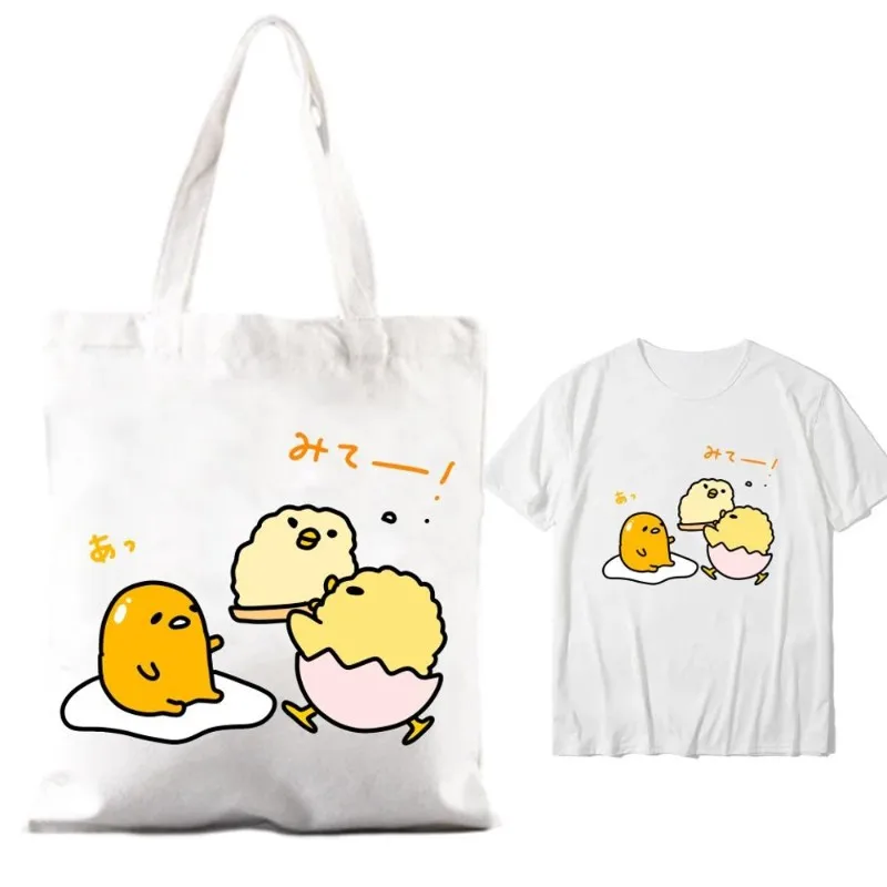 MINISO Egg Gudetama Women Shoulder Bags Couple Combination Clothes Short Sleeve Collar Fashion T shirt  Man Cotton