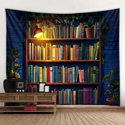 Vintage bookshelf tapestry dreamy window library wall hanging, aesthetic art decoration, home living room bedroom background