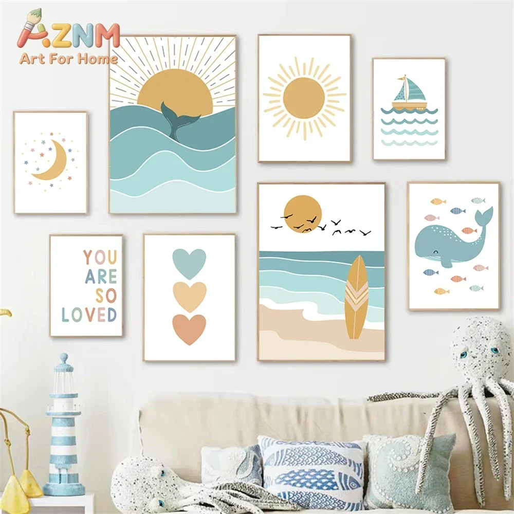 AZNM Ocean Sea Theme Canvas Wall Art Set of 9 Sun Wave Whale Sailboat Print Poster You Are So Loved Quote Kids Coastal Nursery G
