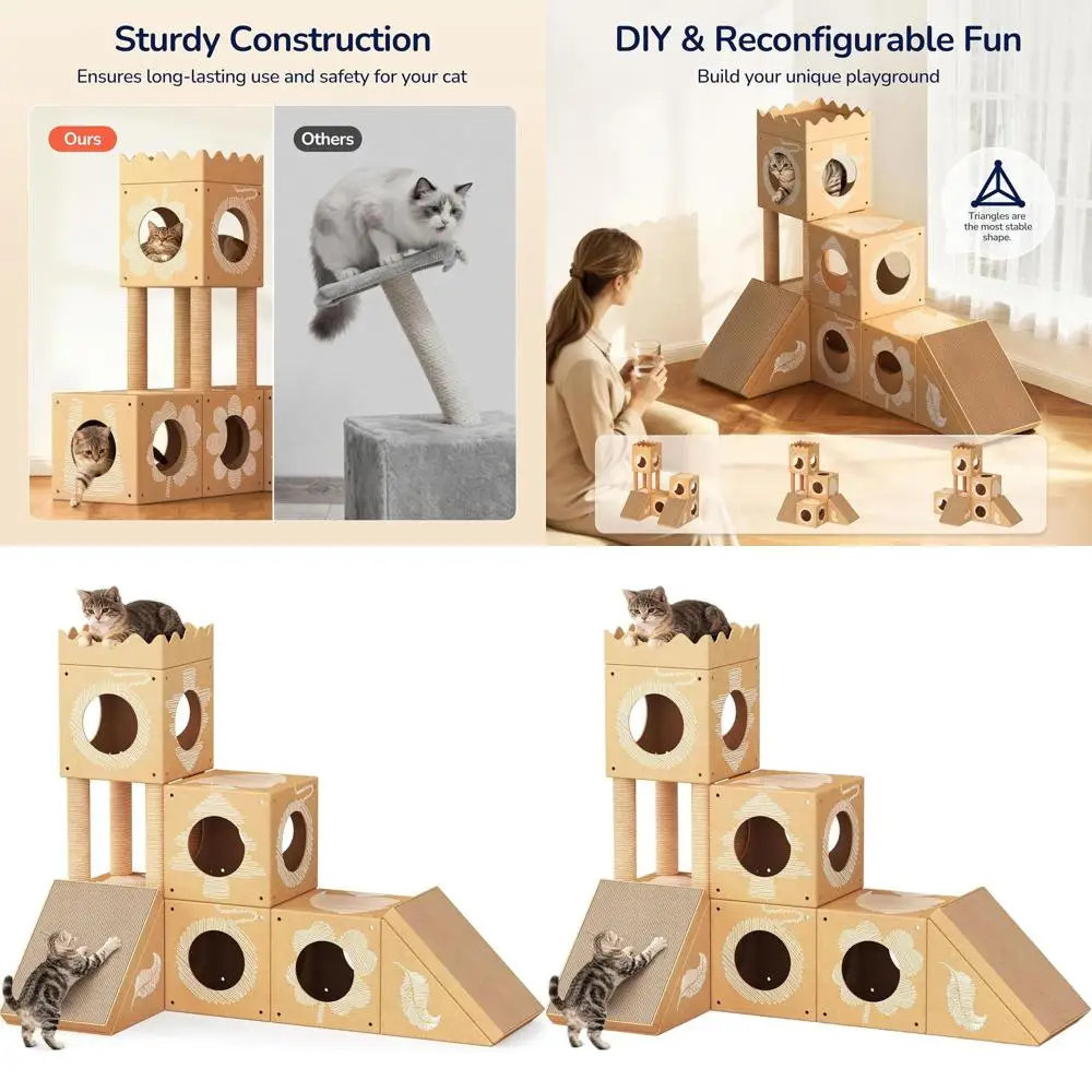 

Eco-Friendly Multi-Level Cardboard Cat Tree with Scratching Posts, Pad, Tunnel & Playhouse for Kittens and Adults
