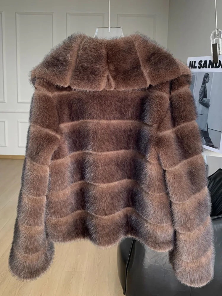 ZMEENNA, abrigo corto de piel sintética para mujer, chaqueta mullida a rayas de visón, solapa peluda, ropa de abrigo cálida de invierno, moda marrón ZM4454