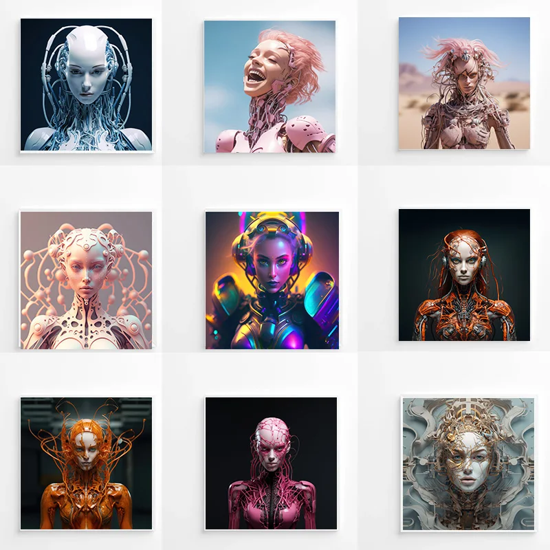 Fashion Colorful Alien Futuristic Robot Girl Cyborg Cybernetic Woman Poster Wall Art Pictures Canvas Painting Room Home Decor