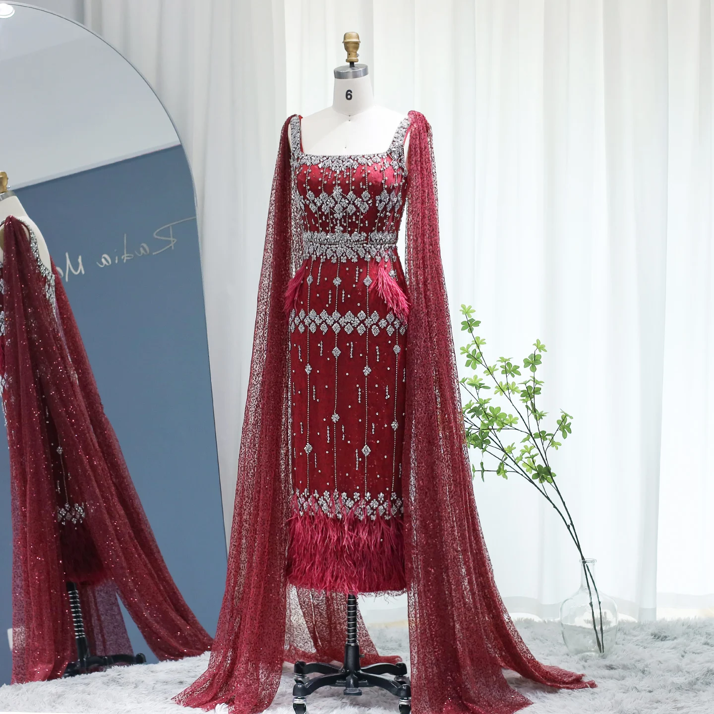 Sharon Sagte Luxus Feder Kristall Dubai Abendkleid mit Cape Bling Grau Meerjungfrau Arabisch Formale Kleider für Frauen Hochzeit S279