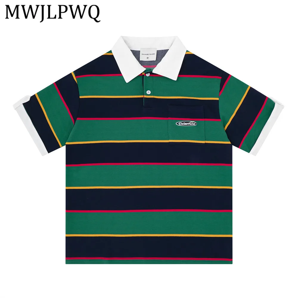 

MWJLPWQ Two-Tone Striped Short-Sleeve Polo Shirt For Men Summer American Street Style Fashion Japanese Loose-Fitting Tops 16421