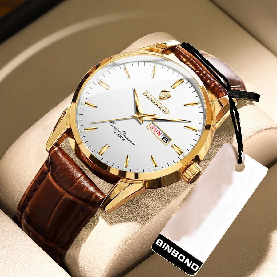 BINBOND Luxury Quartz Man Wristwatch Sport Men Watches Waterproof Luminous Date Week Real Leather Men\'s Watch Male Reloj + box