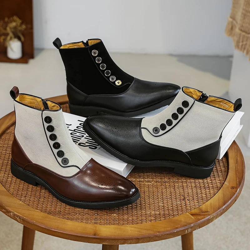 Pointed-Toe Side-Zipper Buttoned Short Boots, British Retro Gentleman Suede Leather Boots, Men's Shoes with Patterned Toe, Breathable Perforations