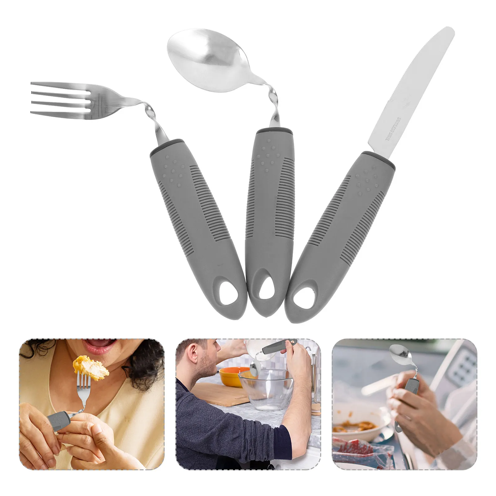 

1Set Elderly Tableware Set Adaptive Utensils for Disabled Non-Skid Portable Dining Kit Easy Clean Curved Handle Spoon Senior