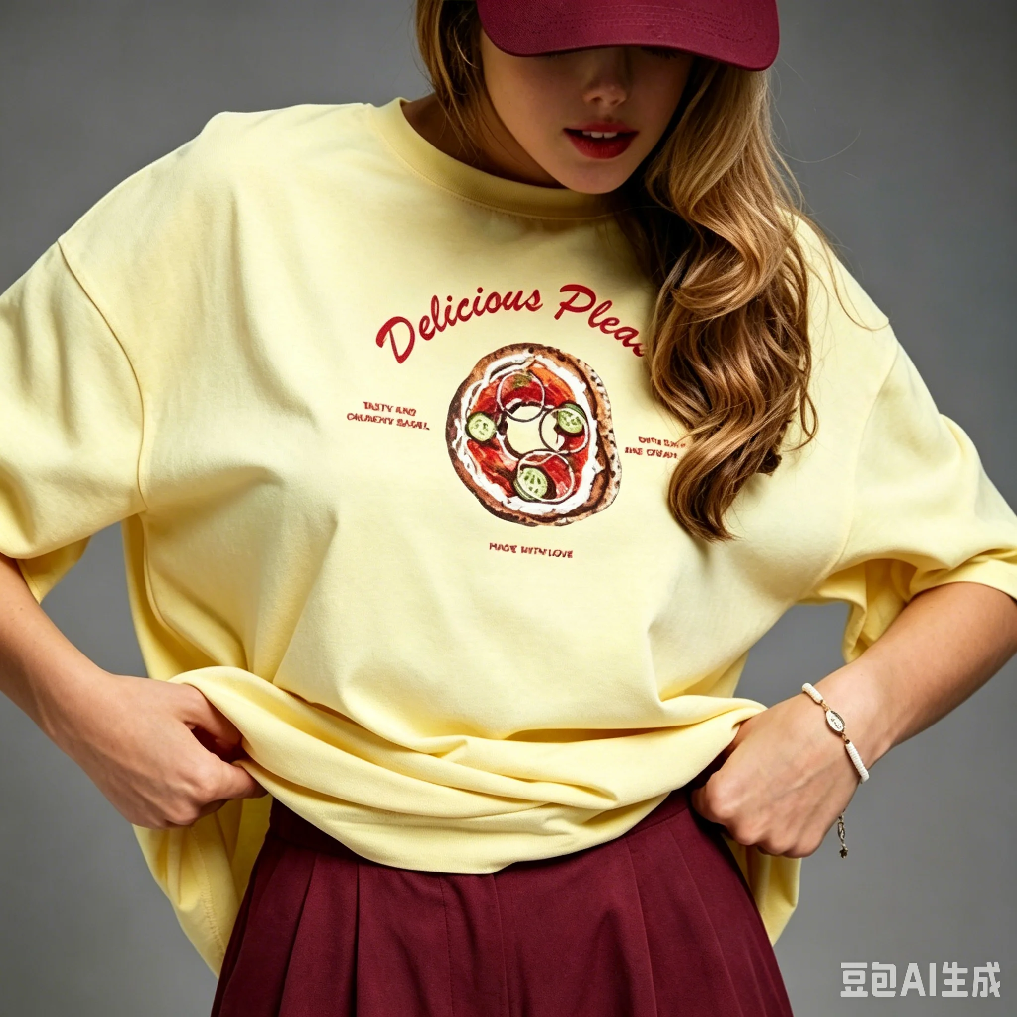Cute Brunch Pale Yellow Oversized Tee Watercolor Bagel Handwritten Delicious Please Red Script Print Soft Cotton Summer Sweet