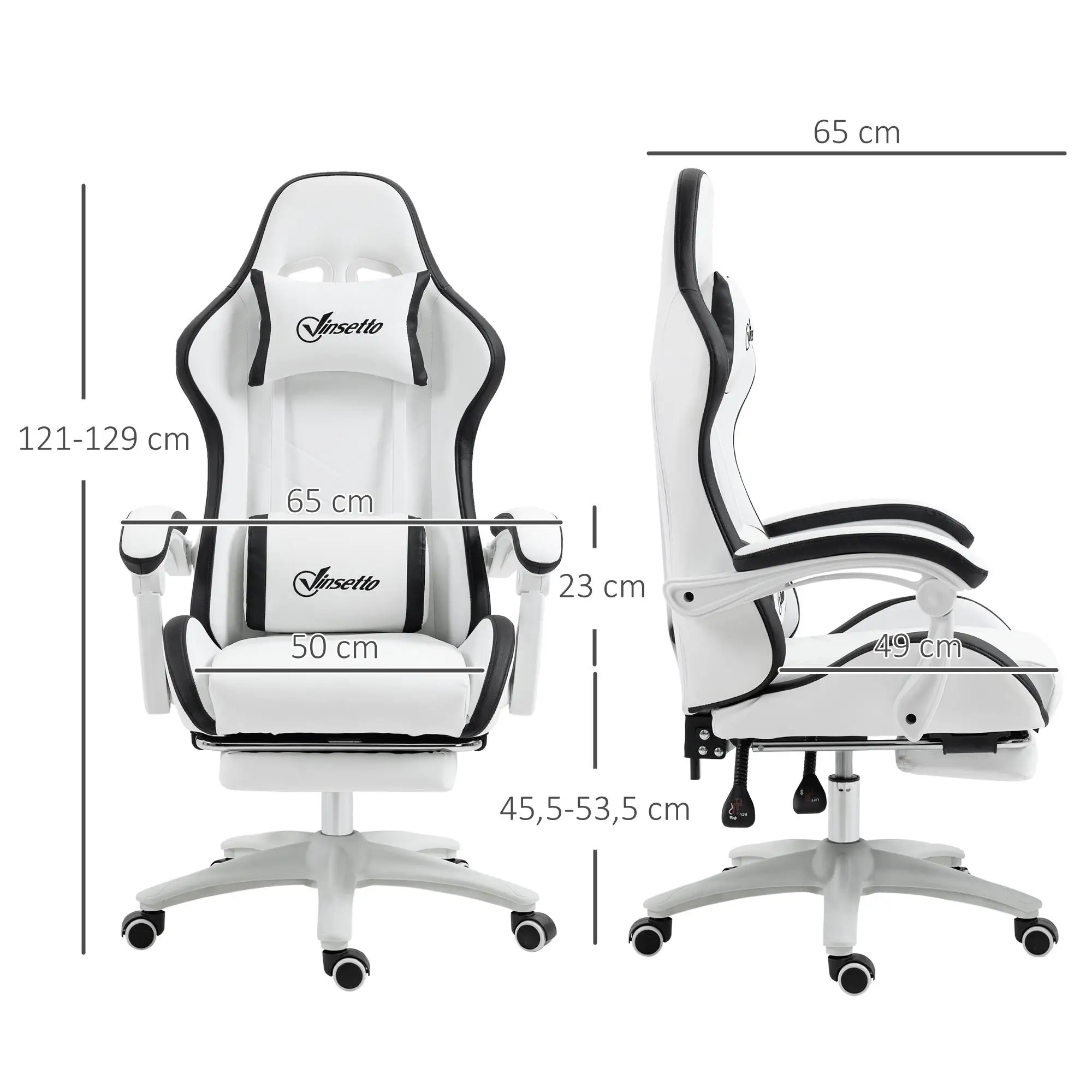 Silla gaming Vinsetto con 135 ° Reposapiés inclinable de cuero PU 65x65x121-129 cm Blanco/Negro