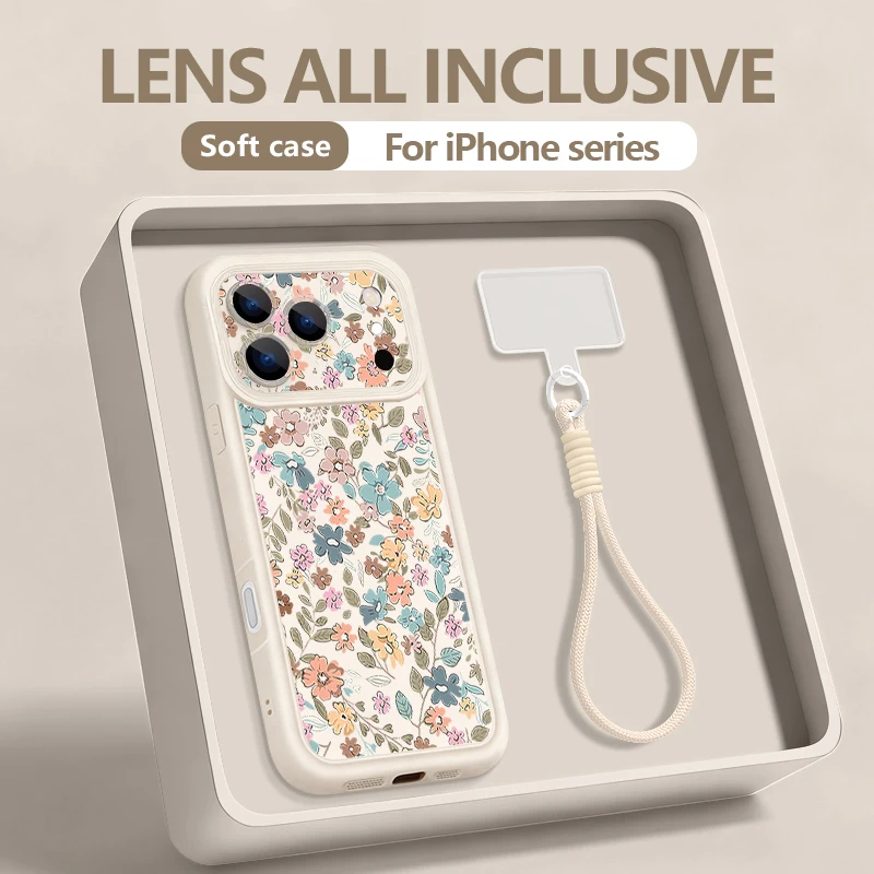Romantic Flower Pattern Lanyard Phone Case For iPhone 18 17 Pro Max 16 14 15 17 13 12 Pro Max 17e 16e 11 Soft Wrist Strap Cover