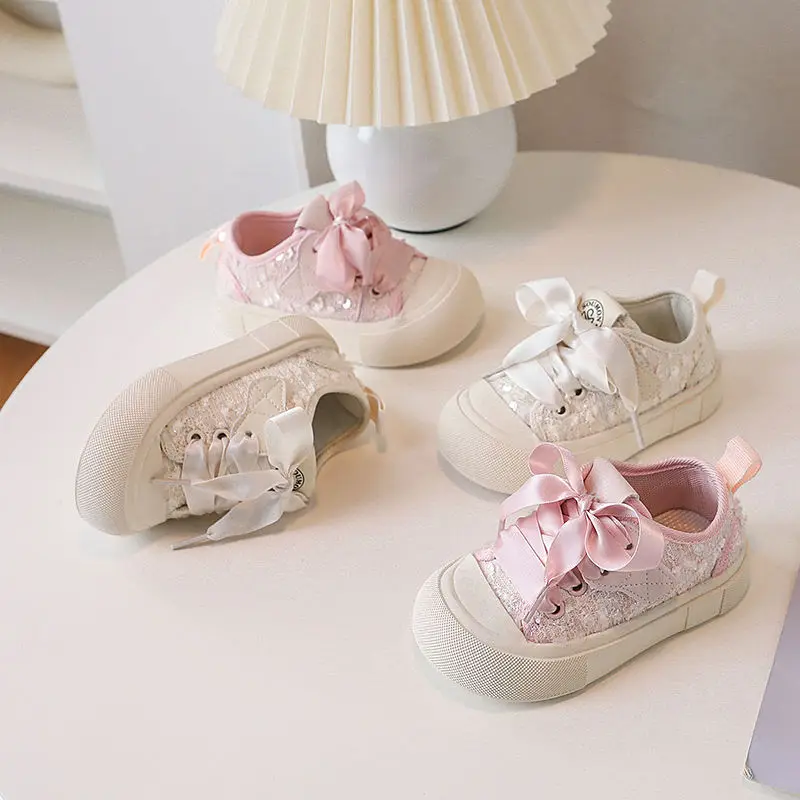 14-16CM Little Princess Lace Sneakers,Pink Beige Soft Embridered Autumn Spring Casual Shoes For Toddler Girls