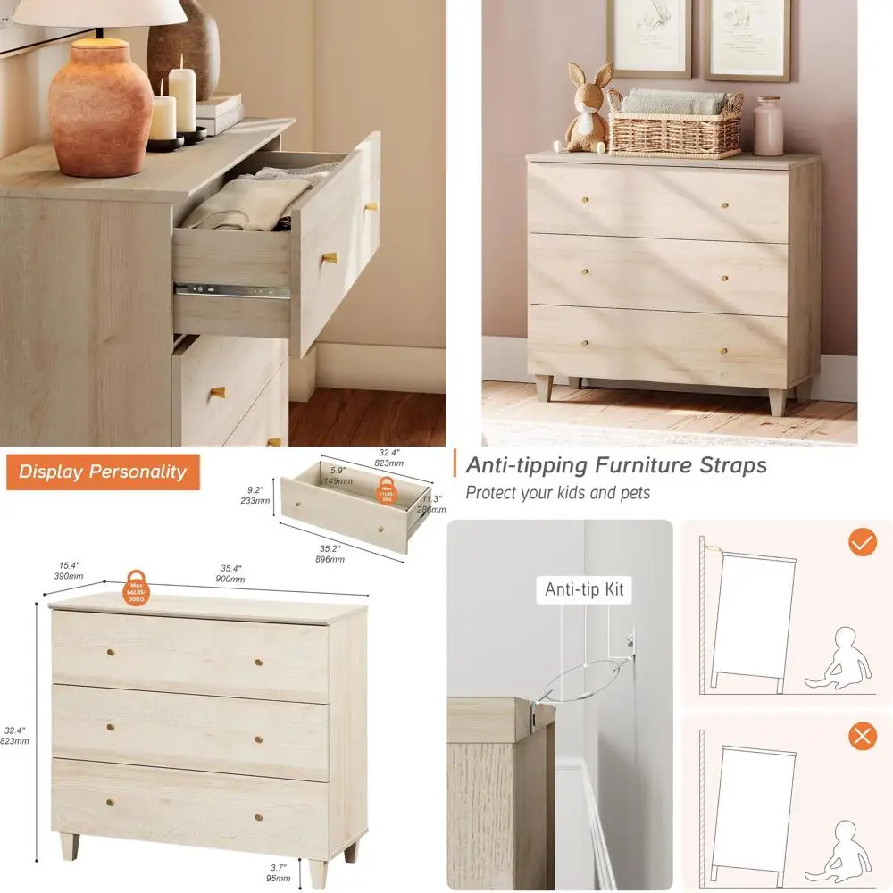 

Light Oak 35 Wide Chest with Gold Knobs for Kids' Rooms, Nurseries, and Living Spaces