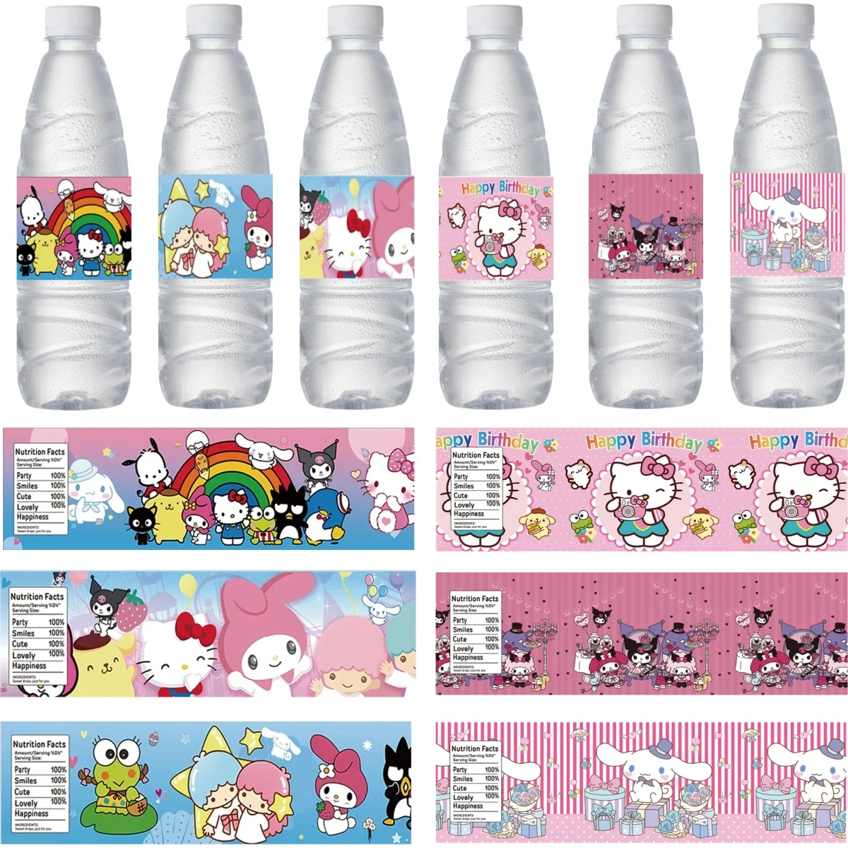 10/20/30PCS Hello Kitty Water Bottle Label Birthday Decor Cute Cartoon Sticker Decals For Kids DIY Bottle Water Cup Girls Gifts