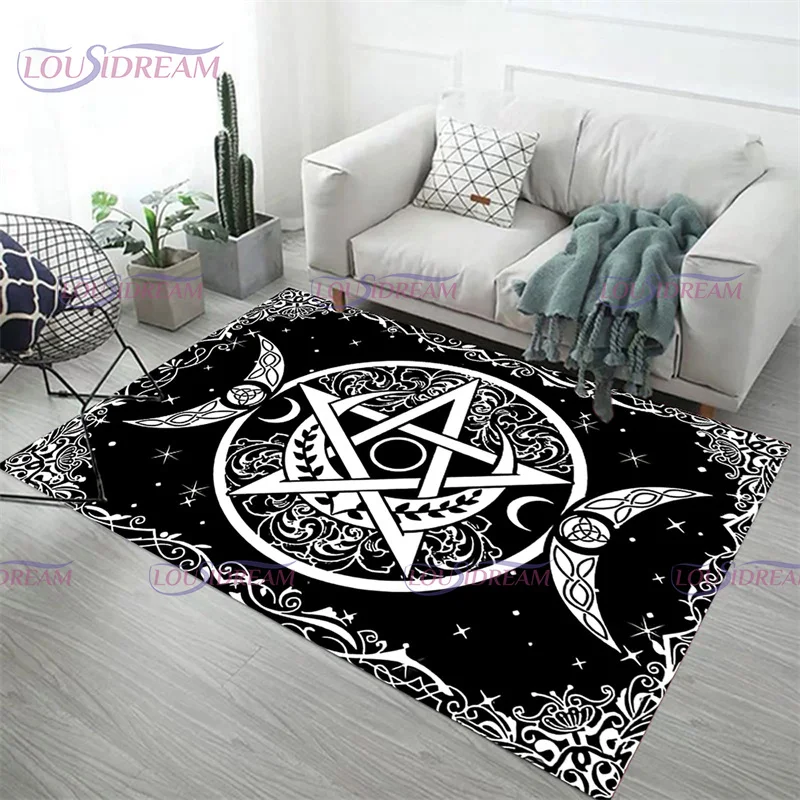 

Personalized Pentagram Sun with Stars Psychedelic Area Rug Black White Rug Mystical Rug Home Decor Non-slip Crawling Yoga Pad