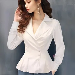2024 Summer Women's Short sleeved White Shirt Elegant Suit Collar Slim Office Ladies Tops Fashion Casual Female Work Blouses