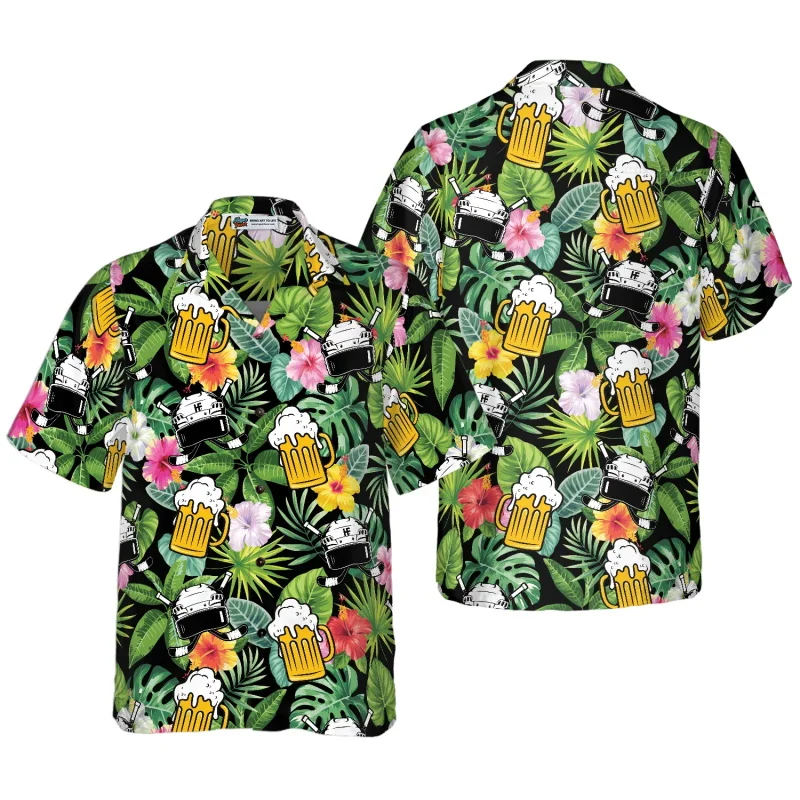 Full Print Beer Tropical Graphic Hawaiian Shirts For Men Summer Label Collar Short Sleeve Beach Shirts Clothes Mens Aloha Shirt