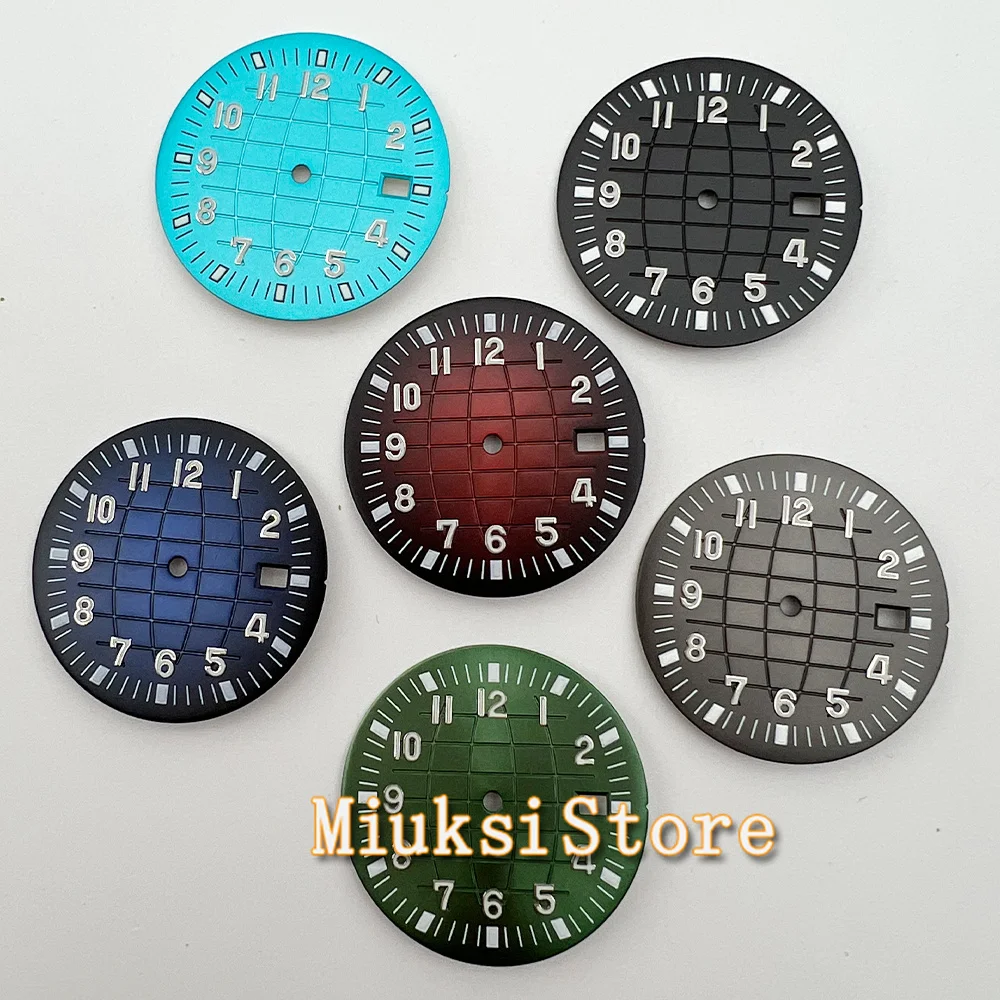 

33mm Watch Dial Fit For NH35 Automatic Movement Green Luminous Black/Blue/Green/Red Color Date Window White Index
