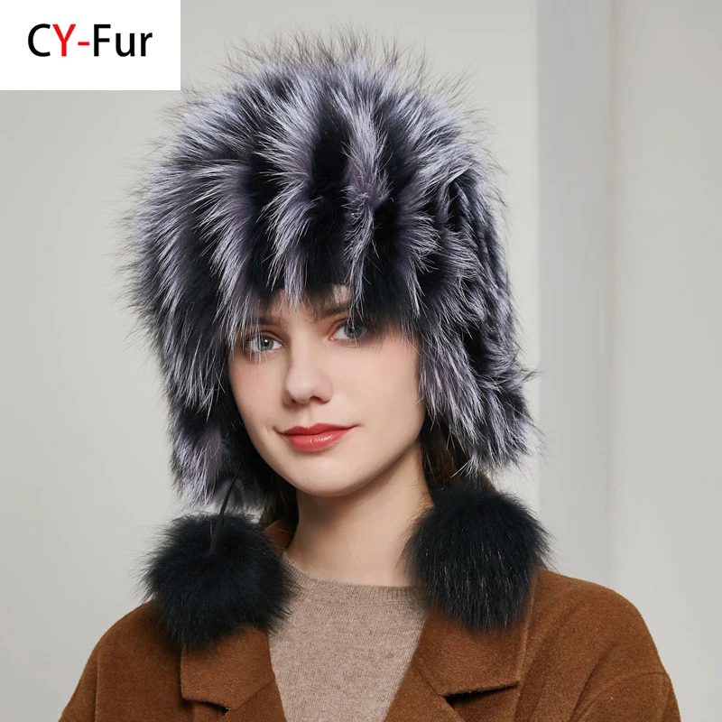 

2025 Hot Sale 100% Natural Silver Fox Fur Women Winter Hat Knitted Cap Women Hat Fox Fur Bomber Hat Female Ear Warm Winter Must