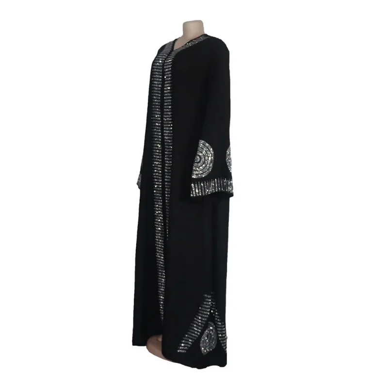 2023 Fashion New African Style Women Solid Diamonds Long Robe Sexy V-neck Full Sleeve Large Swing Long Dress with Headscarf Belt