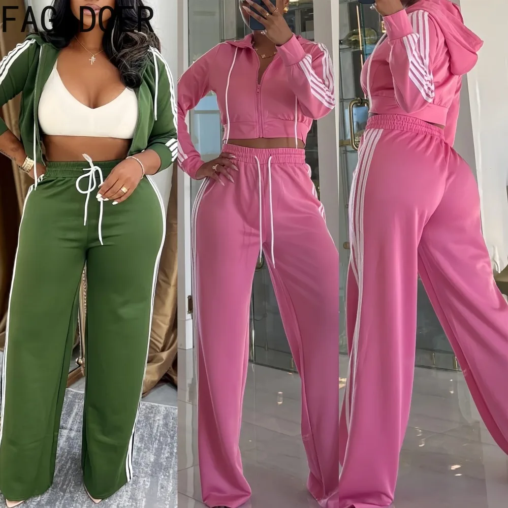 

FAGADOER Casual Solid Color Two Piece Outfits Woman Long Sleeves Hooded Crop Top + Pants Matching Female Streetwear 2026 New