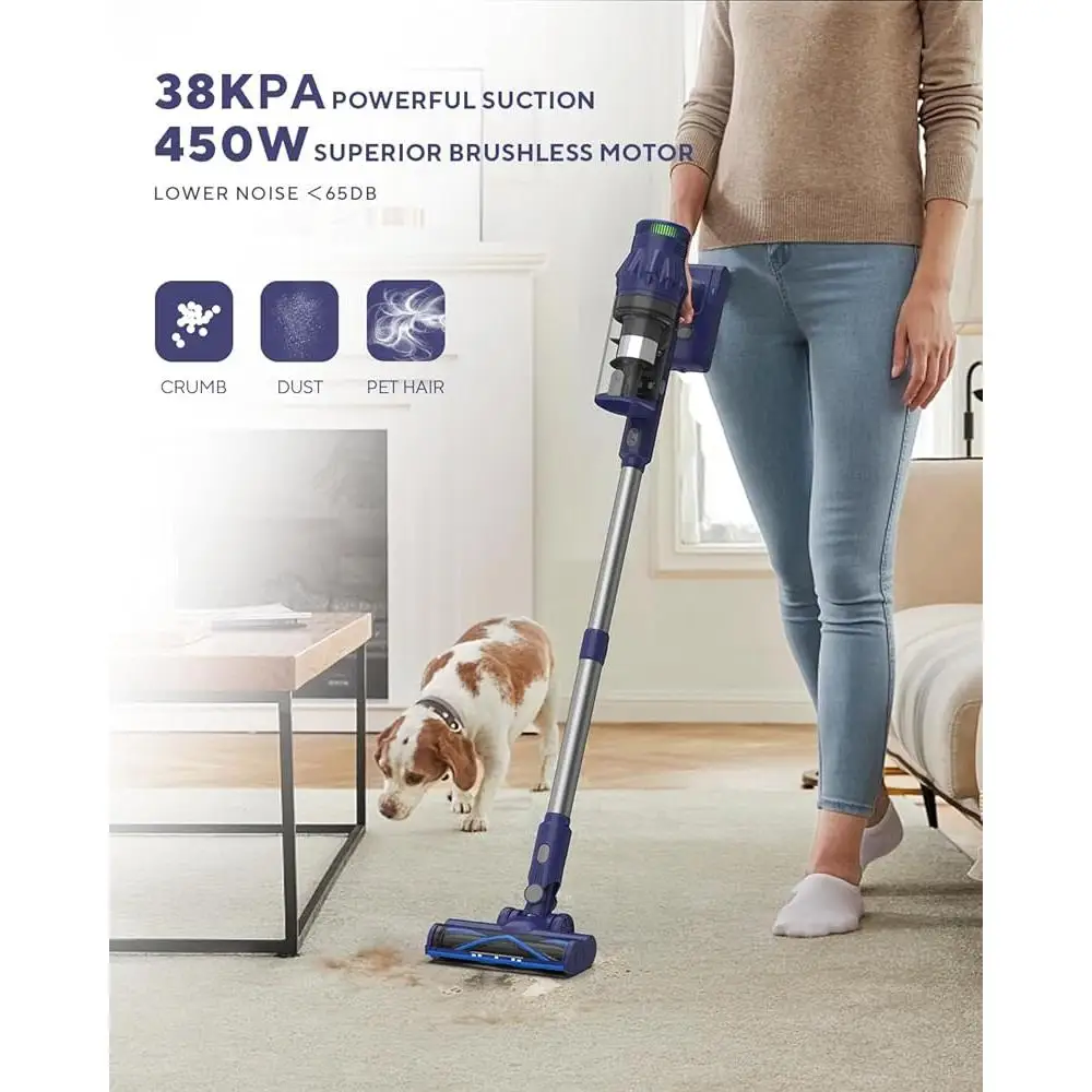 무선 진공 청소기 38000Pa 450W 브러시리스 모터 60분 런타임 LED 터치 스크린 8in1 휴대용 스틱 고효율 HEPA