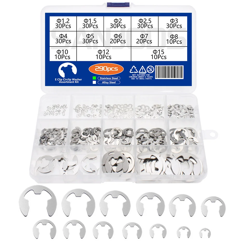 290Pcs E Clip Circlip Washer Assortment Kit Stainless / Alloy Steel Circlip External Retaining Ring for Shaft Fastener 1.2-15mm